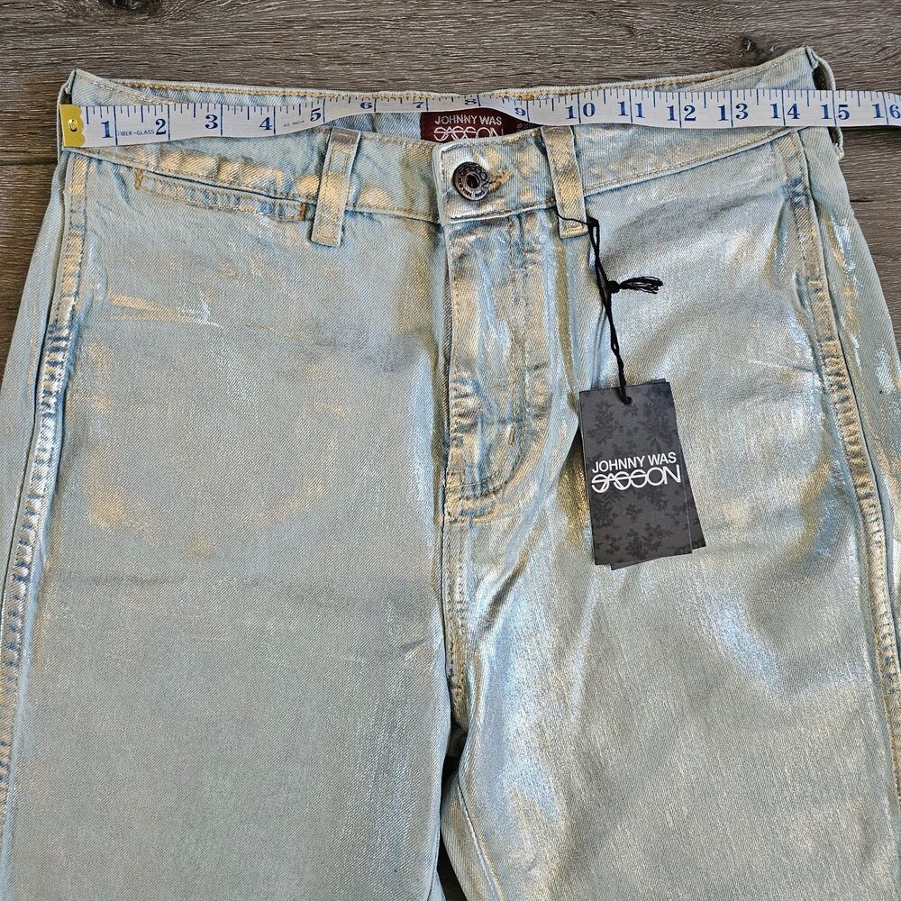 Johnny Was x Sasson Sancere Waxed Metallic Jeans Womens Size 28 Straight Y2k NWT - Picture 2 of 10